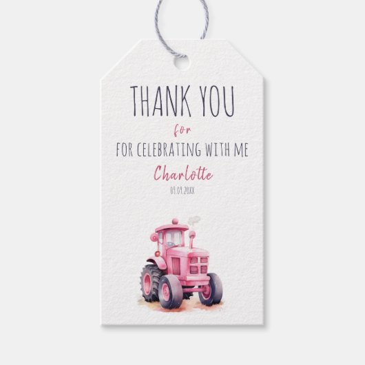 Bewerkbare Roze Tractor Verjaardag Bedankt Tag Cadeaulabel (Voorkant)