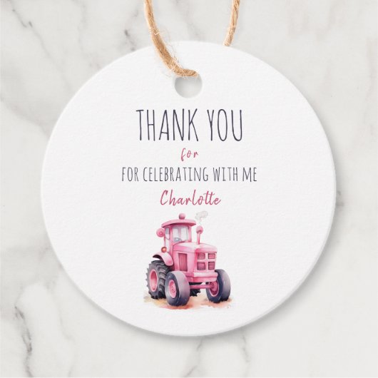 Bewerkbare Roze Tractor Verjaardagscirkel Favor Ta Bedankjes Labels (Voorkant)