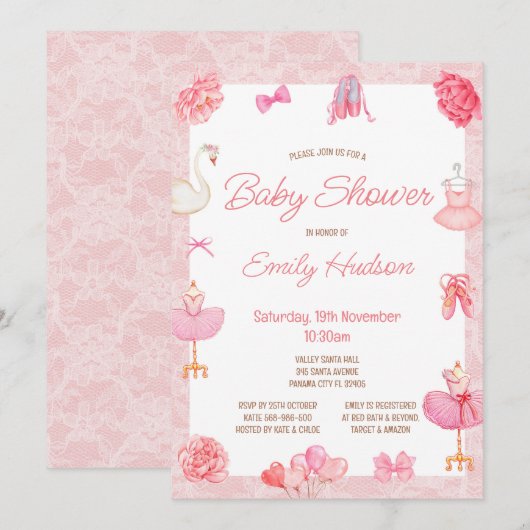 Bewerkbare roze Tutu Ballerina uitnodiging (Voorkant / Achterkant)