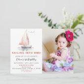 bewerkbare roze zeilboot foto verjaardag uitnodige kaart (Staand voorkant)