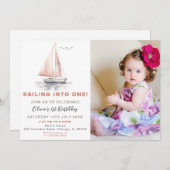 bewerkbare roze zeilboot foto verjaardag uitnodige kaart (Voorkant / Achterkant)
