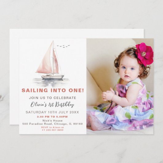 bewerkbare roze zeilboot foto verjaardag uitnodige kaart (Voorkant / Achterkant)
