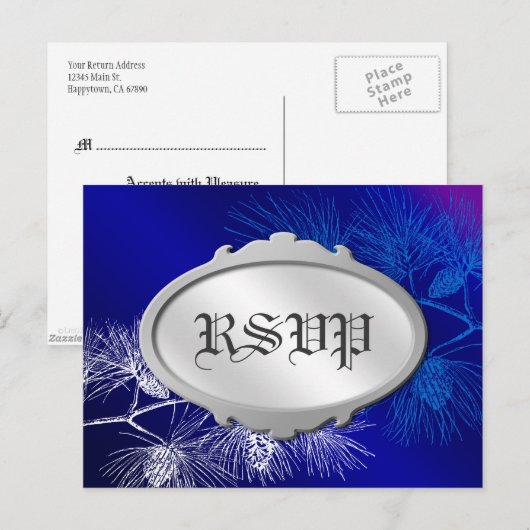 Bewerkbare RSVP Holiday Blue White Pine Briefkaart (Voorkant / Achterkant)