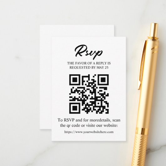 Bewerkbare RSVP-kaart met QR-code, uitnodigingsinz Informatiekaartje (Voorkant / Achterkant in situ)
