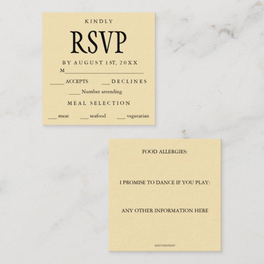 Bewerkbare RSVP met eenvoudige klasse Informatiekaartje (Voorkant / Achterkant)