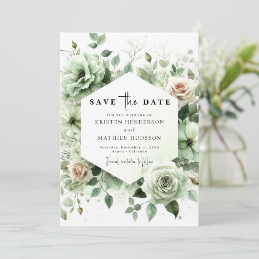 Bewerkbare rustieke Romance Sage Green Wedding Save The Date (Staand voorkant)
