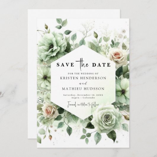 Bewerkbare rustieke Romance Sage Green Wedding Save The Date (Voorkant / Achterkant)