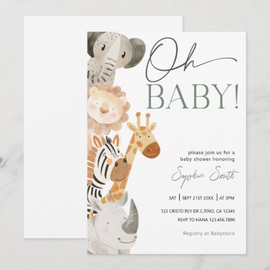 Bewerkbare Safari Baby shower Invitation Kaart (Voorkant / Achterkant)
