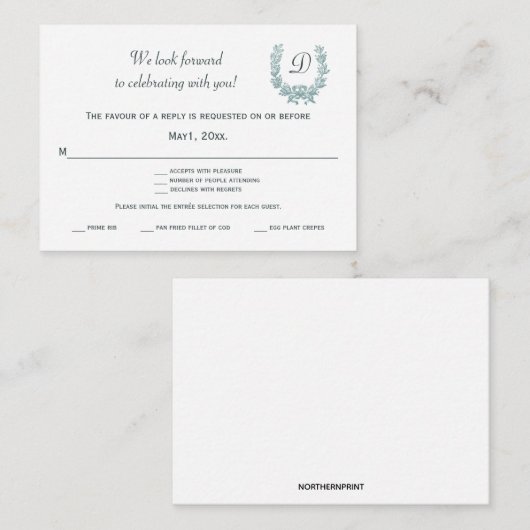 Bewerkbare  Sage Green Franse krans RSVP Informatiekaartje (Voorkant / Achterkant)