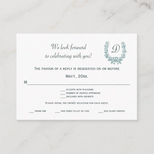 Bewerkbare Sage Green Franse krans RSVP Informatiekaartje (Voorkant)