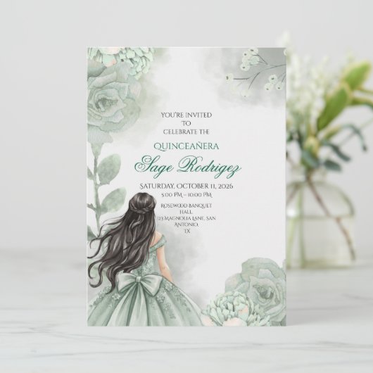 Bewerkbare Sage Green Quinceañera uitnodiging (Staand voorkant)