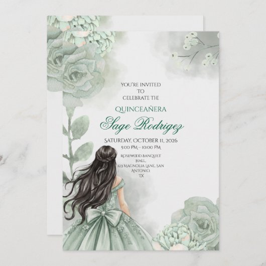 Bewerkbare Sage Green Quinceañera uitnodiging (Voorkant / Achterkant)