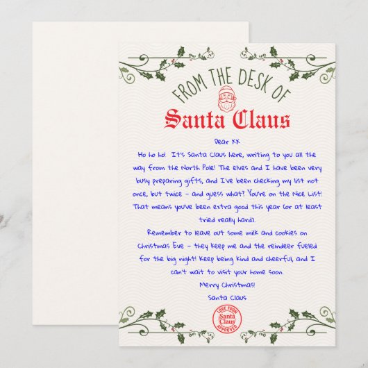 Bewerkbare Santa Letter-Sjabloon afdrukbaar Kaart (Voorkant / Achterkant)