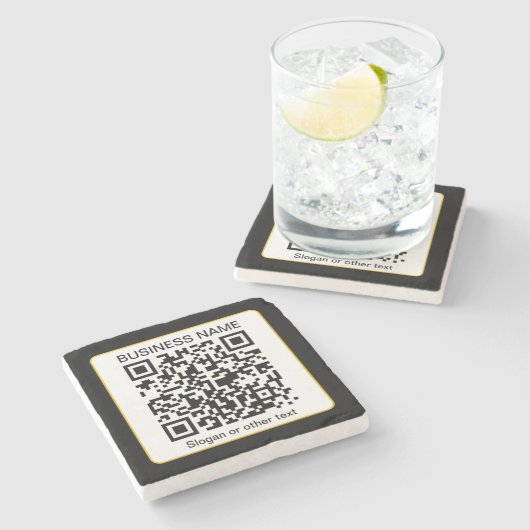 Bewerkbare, scanbare QR-code + uw bedrijfsnaam Stenen Onderzetter (Zijkant)
