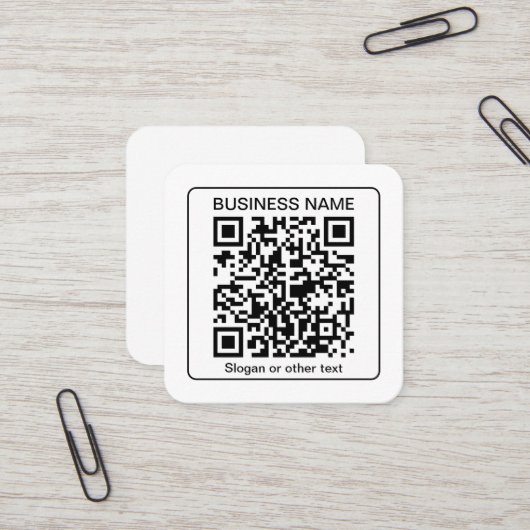 Bewerkbare, scanbare QR-code + uw bedrijfsnaam Vierkante Visitekaartje (Voorkant / Achterkant in situ)