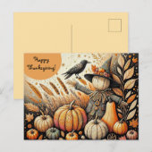 Bewerkbare Scarecrow Crow en Pumpkins Thanksgiving Briefkaart (Voorkant / Achterkant)