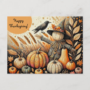 Bewerkbare Scarecrow Crow en Pumpkins Thanksgiving Briefkaart