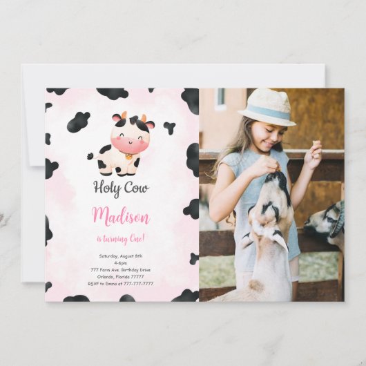 Bewerkbare Schattigee Koe Verjaardagsfotouitnodigi Kaart (Voorkant)