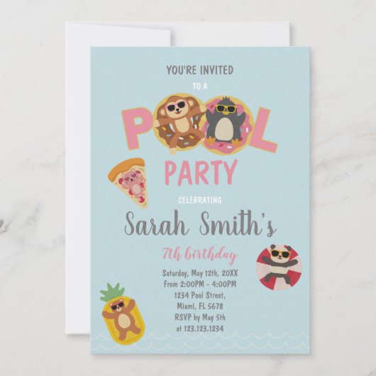 Bewerkbare Schattigee Summer Swim Party Uitnodigin Kaart (Voorkant)