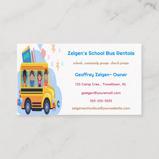 Bewerkbare School Bus Rentals Visitekaartje (Voorkant)