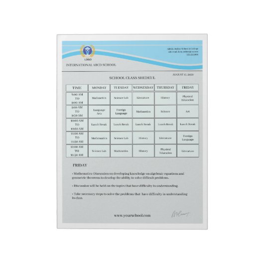 Bewerkbare schoolrooster sjabloon | Wekelijkse kla Notitieblok (Linkerzijde)