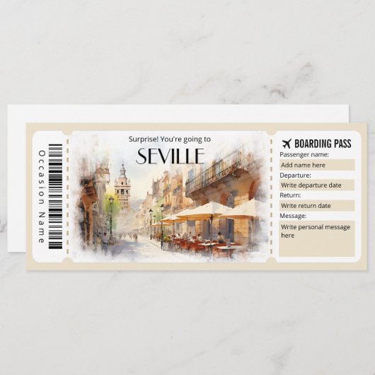 Bewerkbare Sevilla Boarding Pass Vliegticket Kaart (Voorkant / Achterkant)