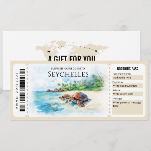 Bewerkbare Seychellen vliegtuig instapkaart Kaart (Voorkant / Achterkant)