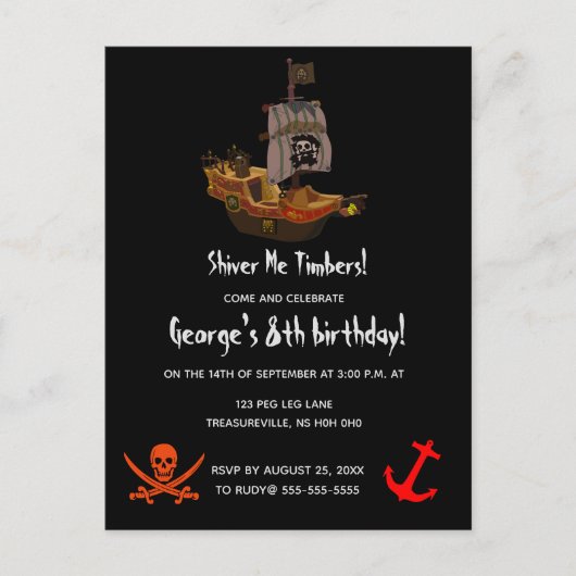 Bewerkbare Shiver Me Timbers Pirate Verjaardag Uitnodiging Briefkaart (Voorkant)