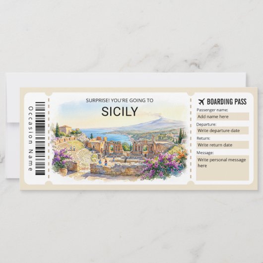 Bewerkbare Sicilië Reis Instapkaart Ticket Kaart (Voorkant)