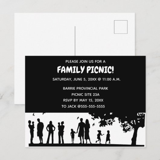 Bewerkbare Silhouette Family Picnic Uitnodiging Briefkaart (Voorkant / Achterkant)