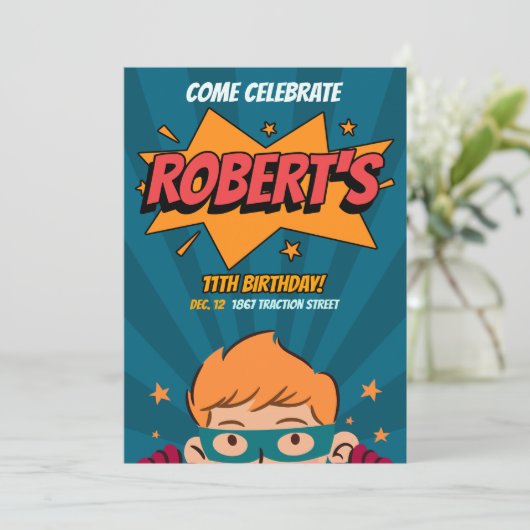 Bewerkbare Sjabloon Comic Style Superhero Verjaard Kaart (Staand voorkant)