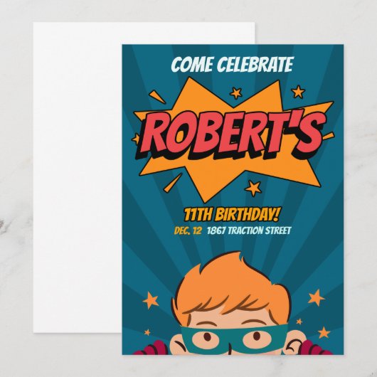 Bewerkbare Sjabloon Comic Style Superhero Verjaard Kaart (Voorkant / Achterkant)