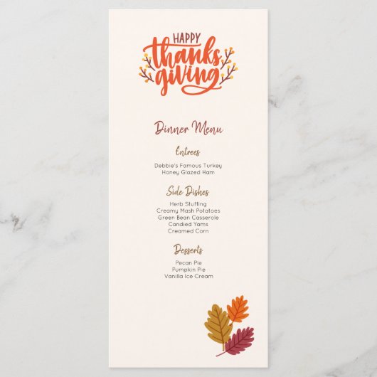 Bewerkbare Sjabloon van het menu Thanksgiving van (Voorkant)