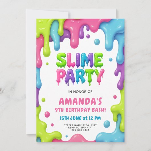 Bewerkbare Slime-thema verjaardagsfeestje voor kin Kaart (Voorkant)