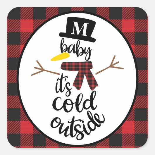 Bewerkbare Snowman Red & Black Buffalo Plaid Vierkante Sticker (Voorkant)
