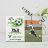 Bewerkbare Soccer Party Uitnodiging met foto (Staand voorkant)
