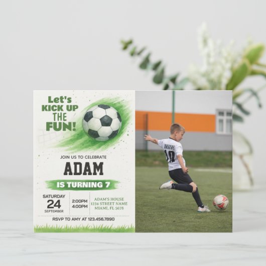 Bewerkbare Soccer Party Uitnodiging met foto (Staand voorkant)