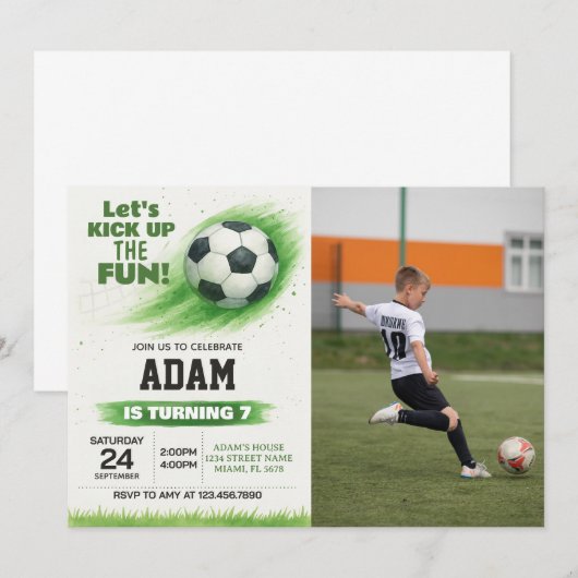 Bewerkbare Soccer Party Uitnodiging met foto (Voorkant / Achterkant)