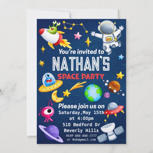 Bewerkbare Space Party uitnodiging (Voorkant)