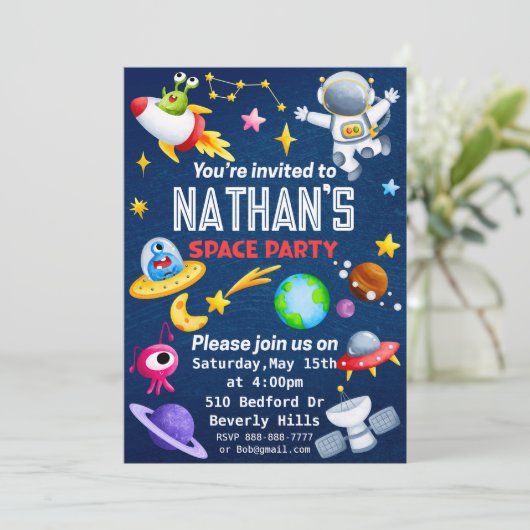 Bewerkbare Space Party uitnodiging (Staand voorkant)
