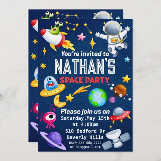 Bewerkbare Space Party uitnodiging (Voorkant / Achterkant)