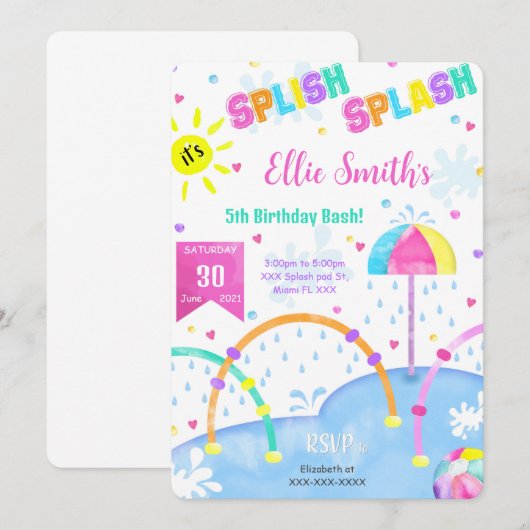 Bewerkbare Splash Pad Uitnodiging voor verjaardag (Voorkant / Achterkant)