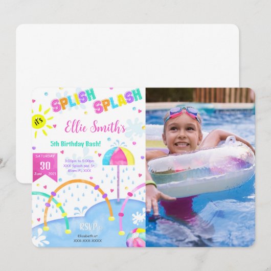 Bewerkbare Splash Pad Verjaardag Foto uitnodiging (Voorkant / Achterkant)