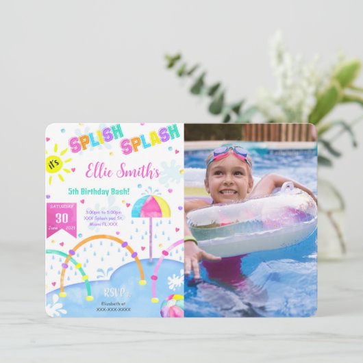 Bewerkbare Splash Pad Verjaardagsfoto Uitnodiging (Staand voorkant)