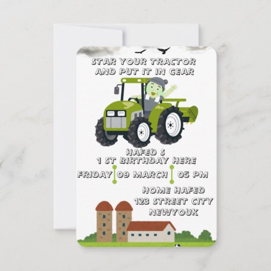 Bewerkbare Start Uw Tractor 1e Verjaardag Geanimee (Voorkant)