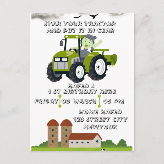 Bewerkbare Start Uw Tractor 1e Verjaardag Geanimee Briefkaart (Voorkant)