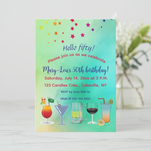 Bewerkbare sterren en cocktails Uitnodiging voor v (Staand voorkant)