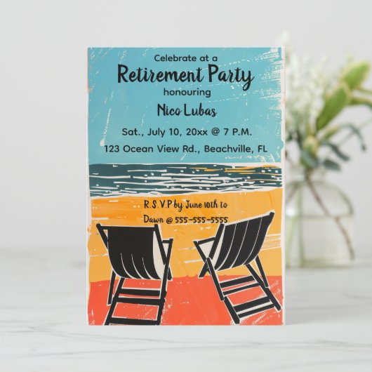 Bewerkbare stoelen op een Beach Retirement Party Kaart (Staand voorkant)