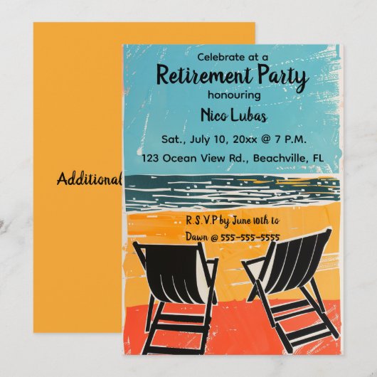 Bewerkbare stoelen op een Beach Retirement Party Kaart (Voorkant / Achterkant)