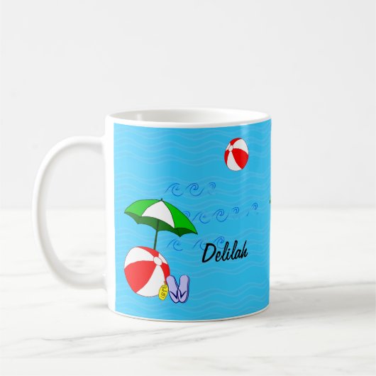Bewerkbare strandbal zwembad parasol koffiemok (Links)